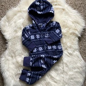 HB navy and white footless hoodie long sleeve one piece with snap fasten. 0-3m